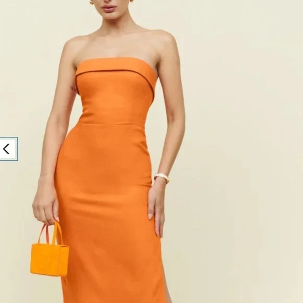 REFORMATION 100% Linen Orange Strapless Marcella Midi Dress w/ Slit 0